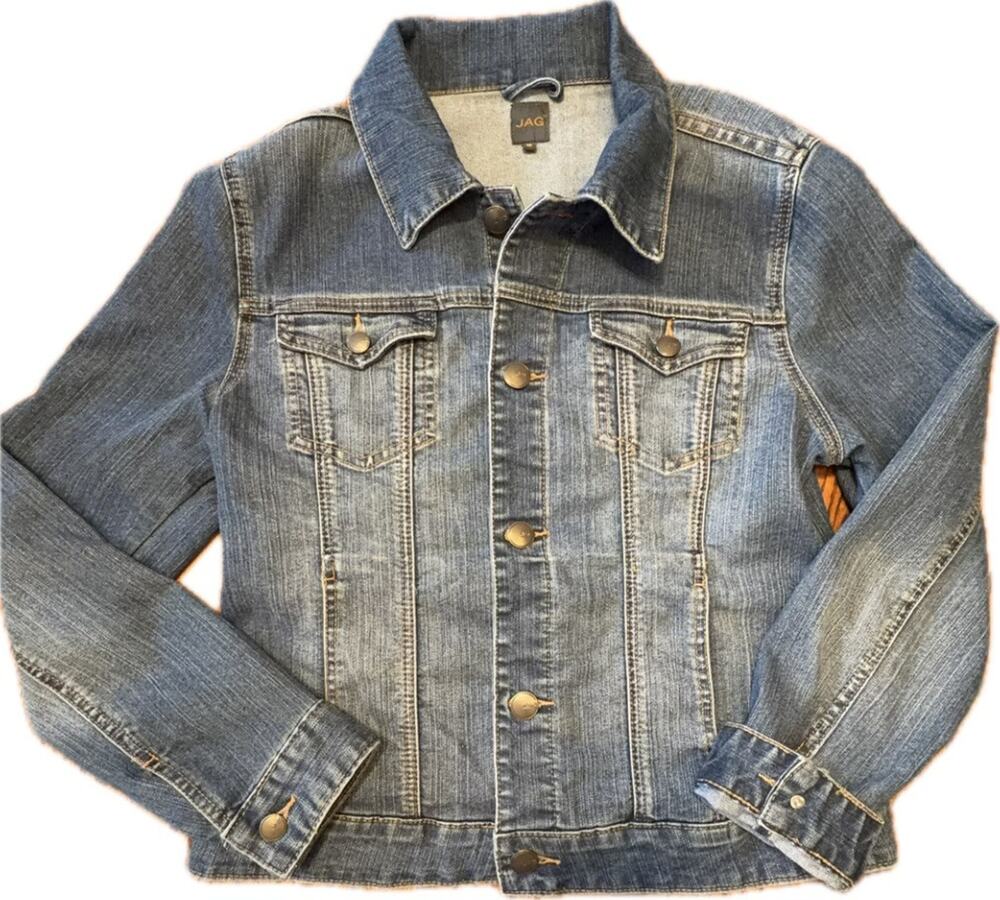 JAG Women’s Blue Denim Jacket M Button Front Collared Pockets Short Long Sleeve